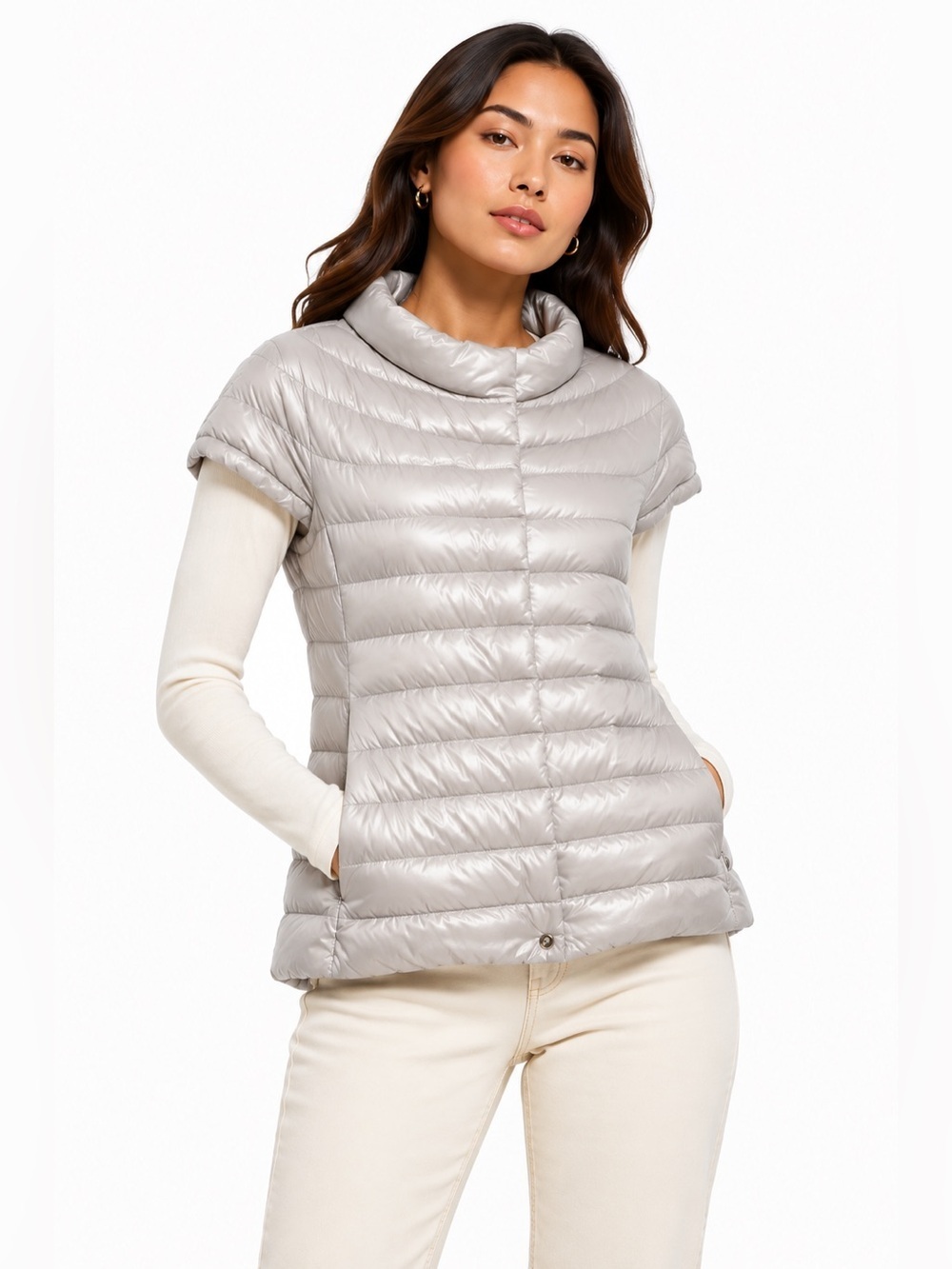 Herno Nylon Ultralight Down Cap Sleeve Puffer Jacket Pearl Gray 40 (CKB085)
